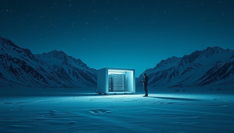Isolated portable data center at night in snowy mountains