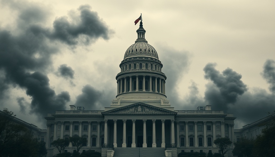 Symbolic image of government building with dark smoke, impact of AI regulations on small businesses.