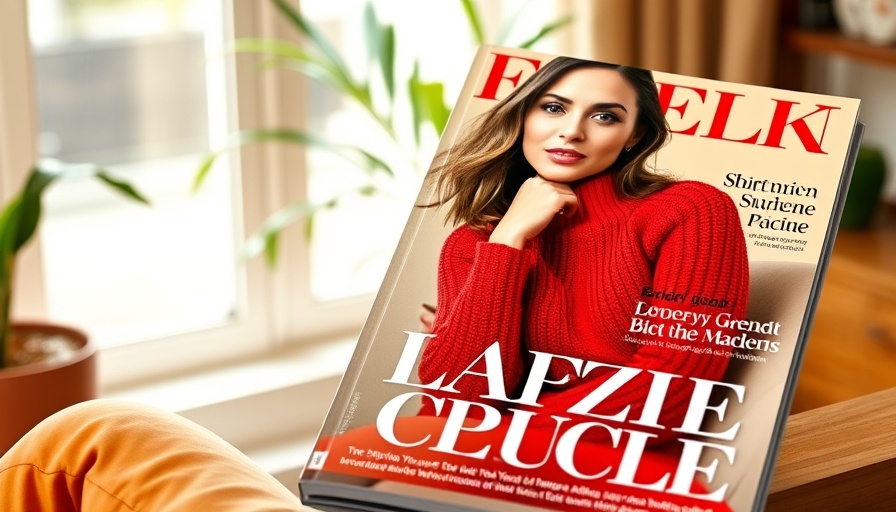 Magazine cover with a woman in red, indoors, soft lighting.
