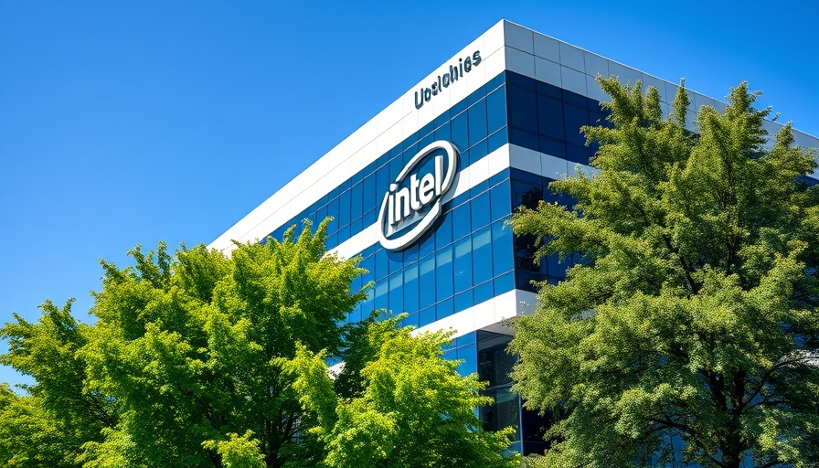 Modern Intel building with logo and greenery; networking spin-off theme.