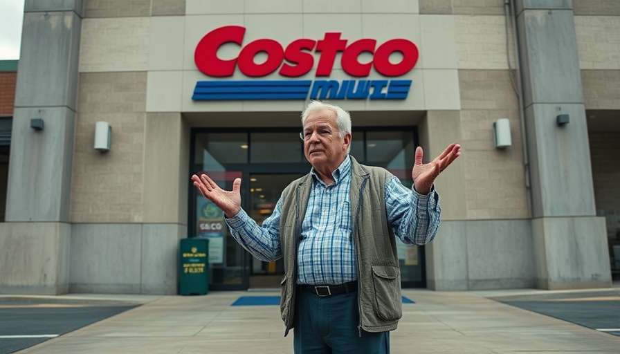 Elderly man gesturing in front of Costco entrance discussing 'Costco's dirty secret'.