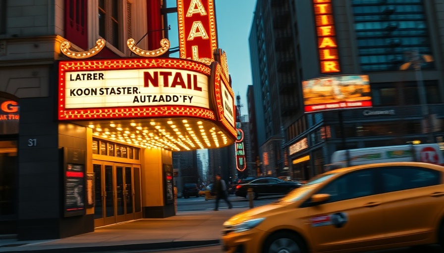 Street scene showcasing future of late night TV with theater marquee.