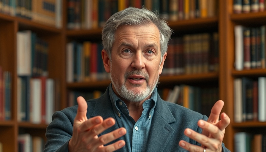 Man explaining business steps, library backdrop, confident expression.