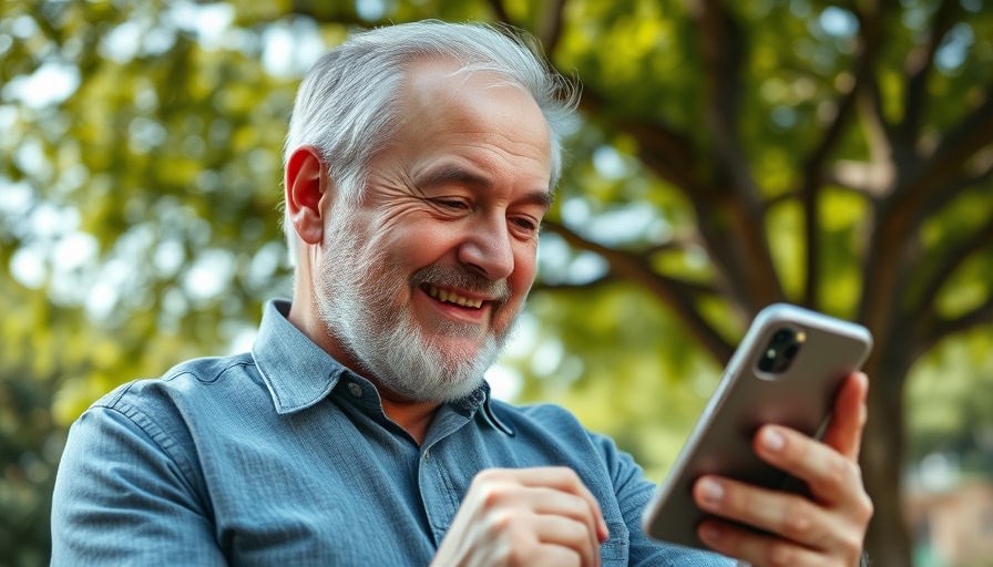 Older man engaging with atheism content on his phone outdoors.