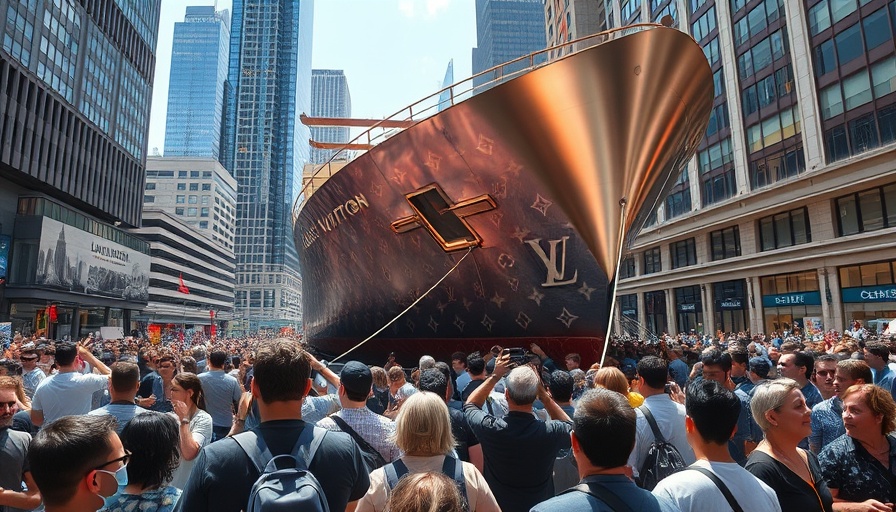 Crowd in city photographing Louis Vuitton structure amid skyscrapers.