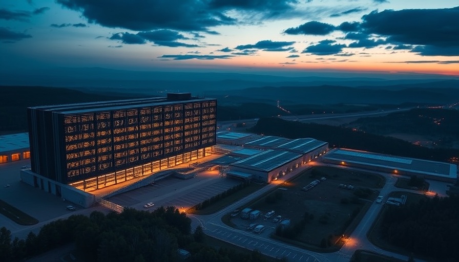 Modern data center illuminated at dusk addressing AI energy challenges.