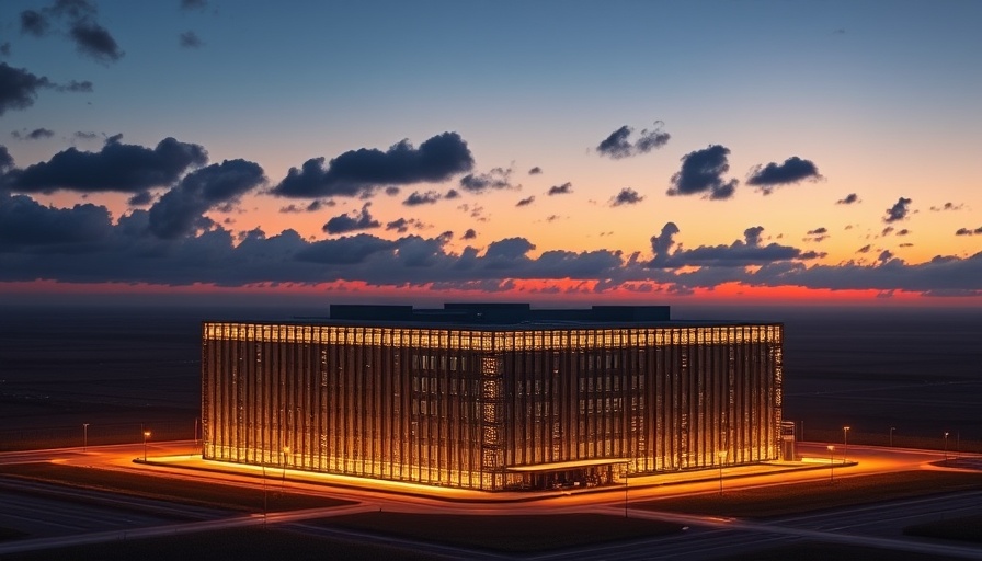 Modern data center glowing at twilight, highlighting AI's energy challenges.