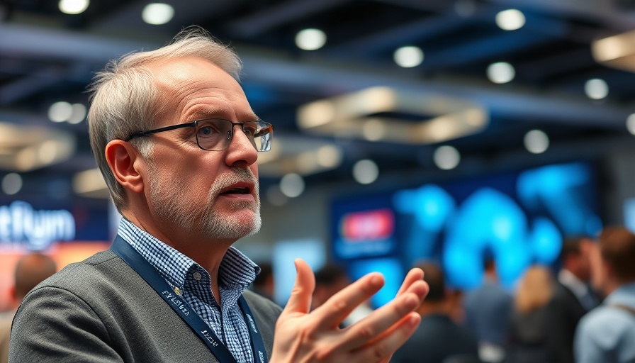Middle-aged man discussing technology at conference spotlighting AI-native observability.