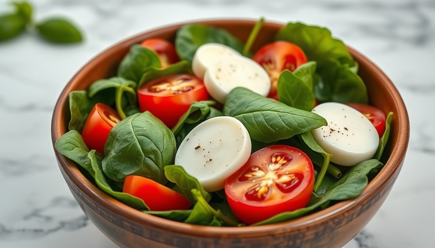 Spinach mozzarella salad with tomatoes and salami in a ceramic bowl.