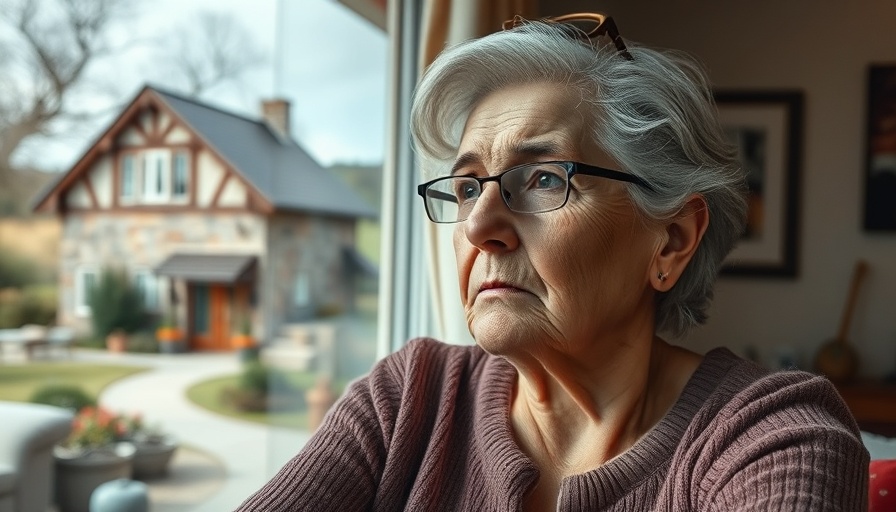 Worried older woman contemplating title deeds with cottage background