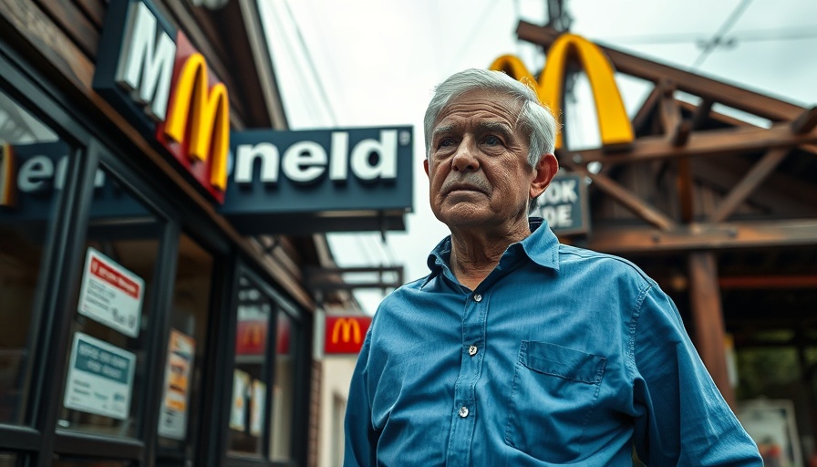 Older man at McDonald's entrance, curious expression in urban setting.
