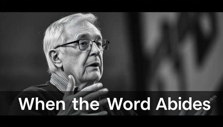 The word abides in us: monochrome image with speaker and text.