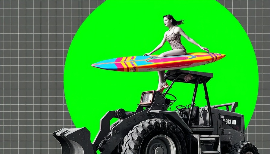 Surreal image of person on a surfboard on loader bucket, AI Hype Index for Small Businesses theme
