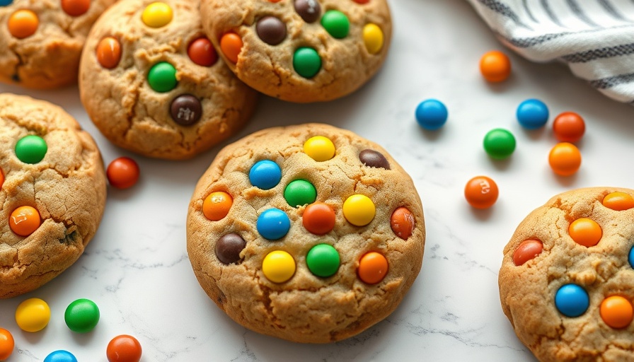 Colorful peanut butter M&M cookies on marble surface.