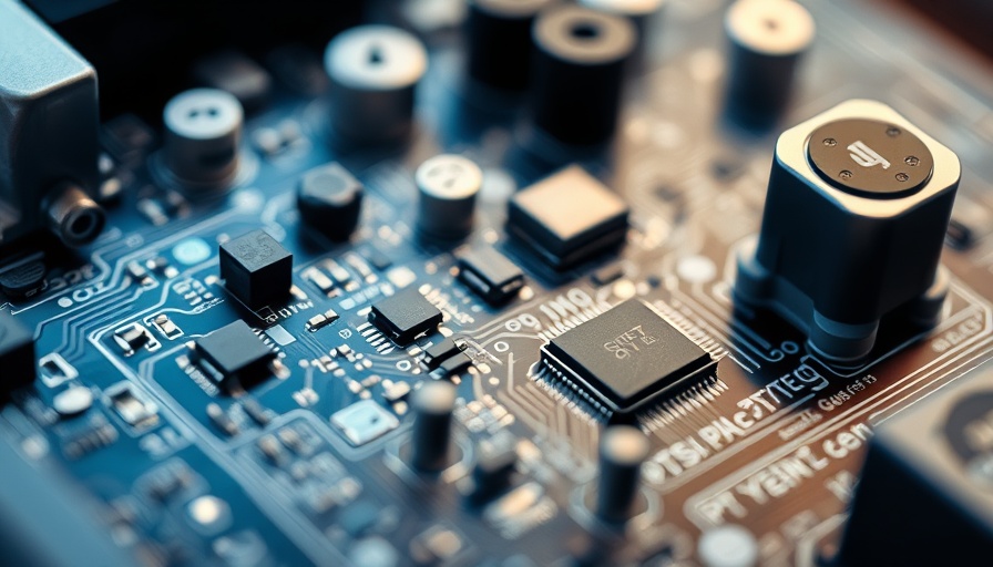 Close-up of circuit board with components, illustrating AI in semiconductor manufacturing.