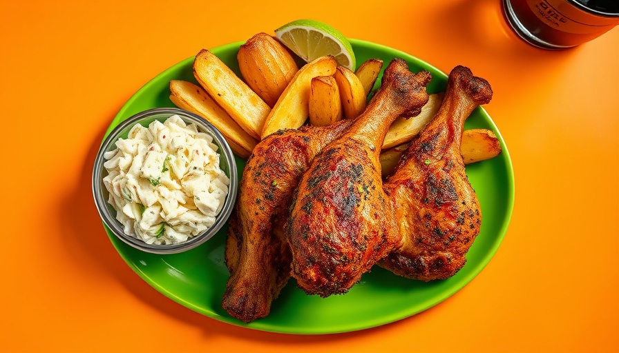 Air fryer jerk chicken drumsticks with coleslaw and potato wedges.