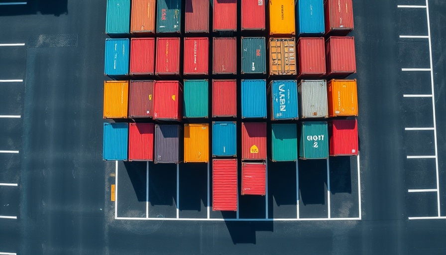 Colorful shipping containers organized in rows on a marked lot.