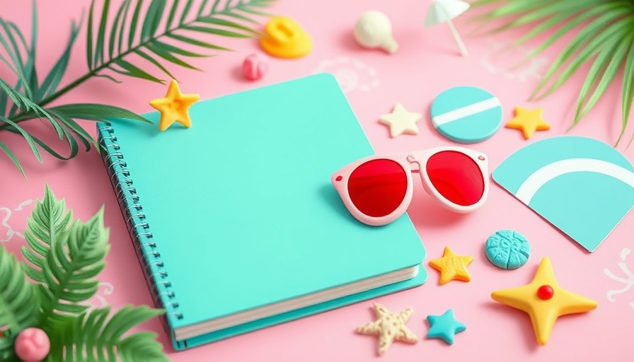 Summer savings theme with teal notebook and beach motifs.