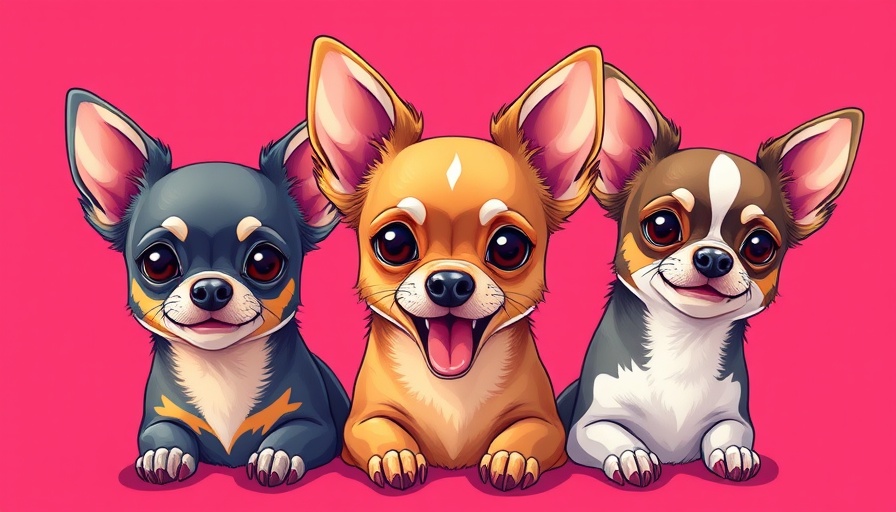 Colorful cartoon chihuahuas showcasing moods against magenta.