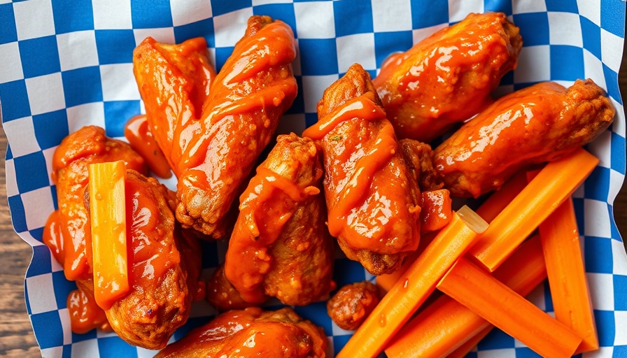 Buffalo wings and veggies on checkered paper, Pizza chains that serve wings.