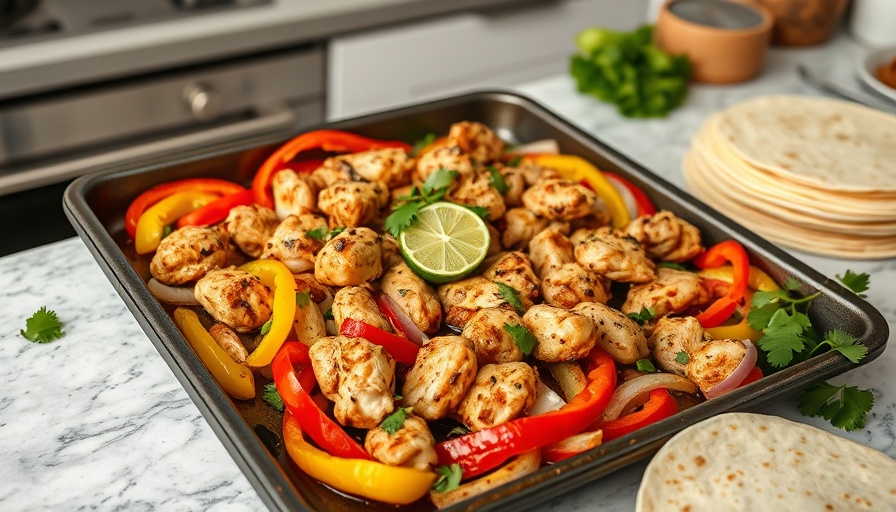 Sheet pan chicken fajitas with colorful peppers and lime.
