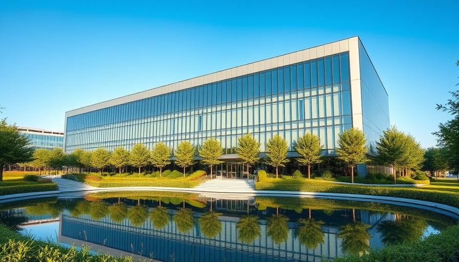 Modern corporate building with waterway and landscaping.