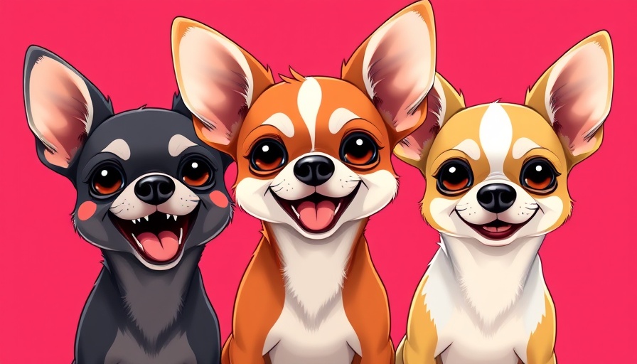 Vibrant chihuahua trio showing diverse expressions, cartoon style.