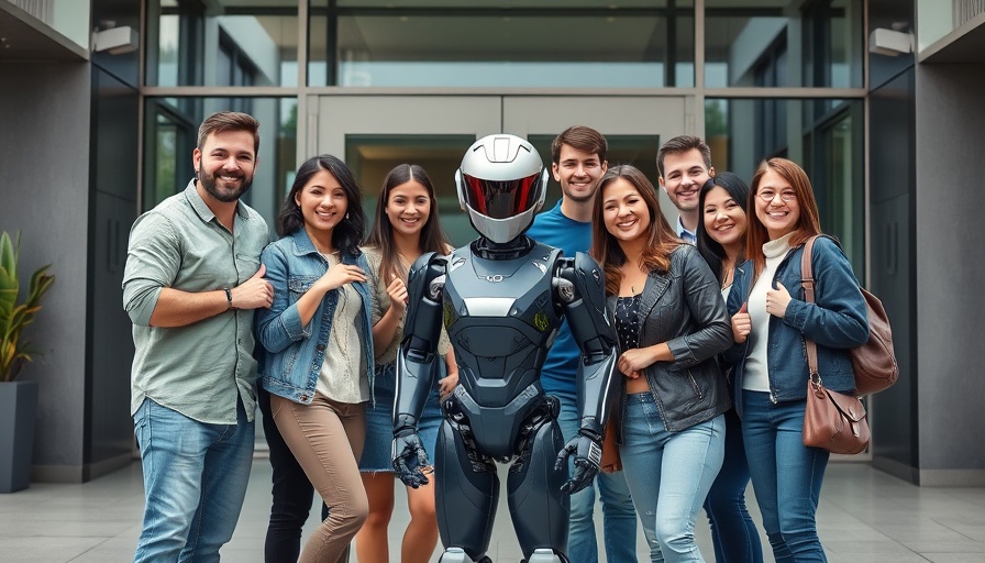 Group with humanoid robot standing outside, OpenMind humanoid robotics, smiles all around.