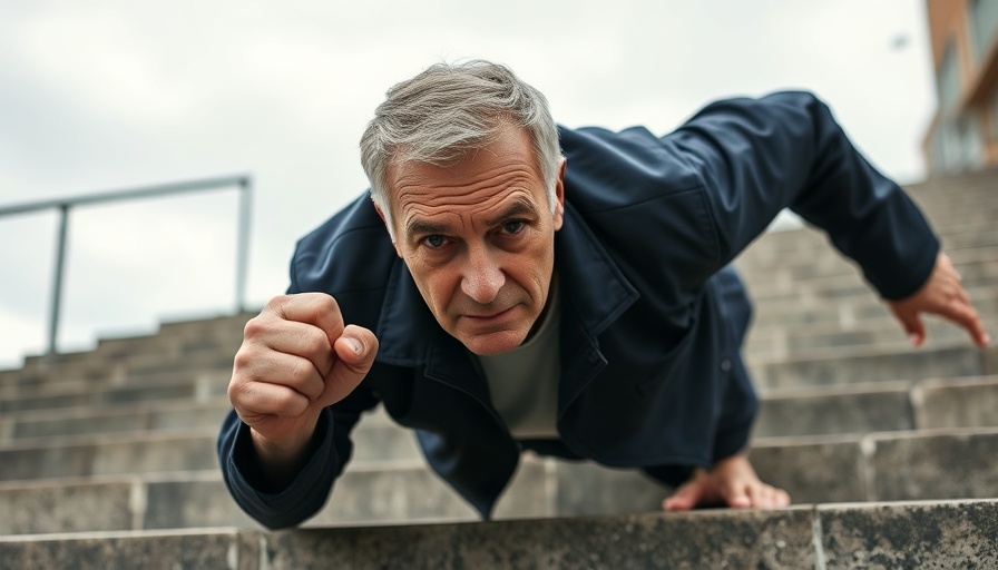 Older man performs a 45 second plank strength test outdoors.