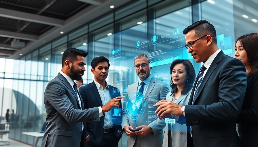Professionals analyzing data on screen, modern office setting.