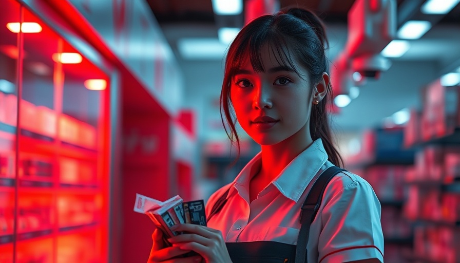Young woman in store, red light, phishing scams fake ICE raids theme.