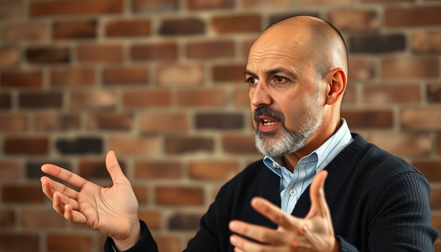 Middle-aged man discussing business taxes due UK, brick background.