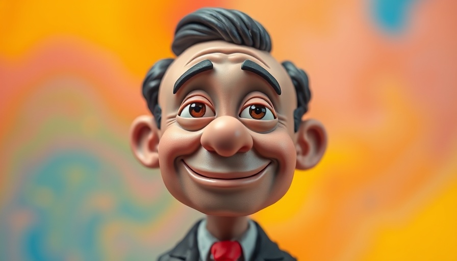 Cartoon CEO clay figure in a suit drawing on forehead humorously, vibrant background.