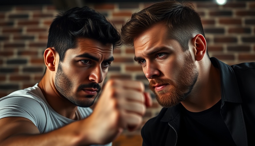 Dramatic scene with two men discussing CCTV footage and self-defense laws.