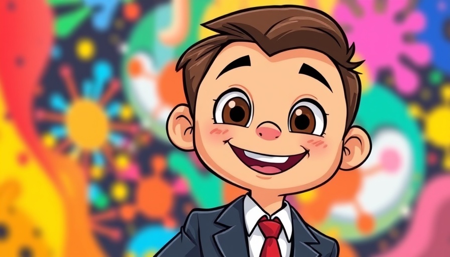 Charming cartoon CEO smiling confidently in colorful setting