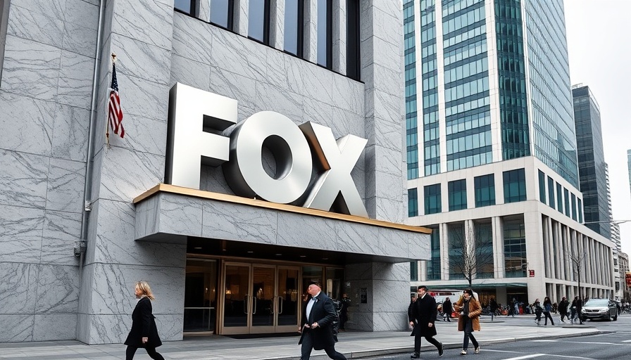 FOX logo on building with people walking by, urban setting.
