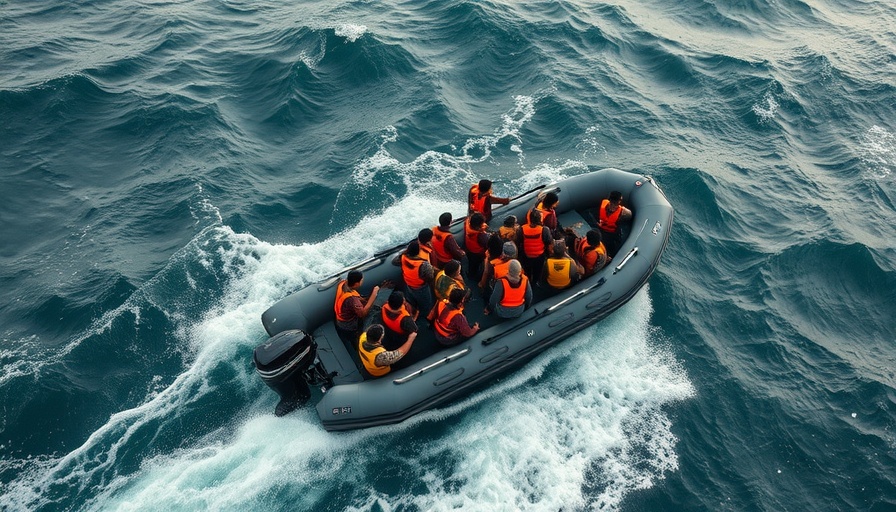 Inflatable boat with people in life jackets on turbulent sea.