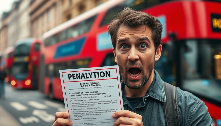 Man shocked by penalty notice, double-decker bus background.