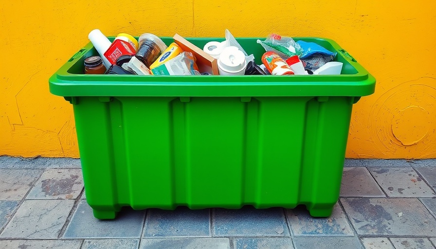 Green recycling bin full of recyclables against a yellow wall; promoting rinsing recycling.