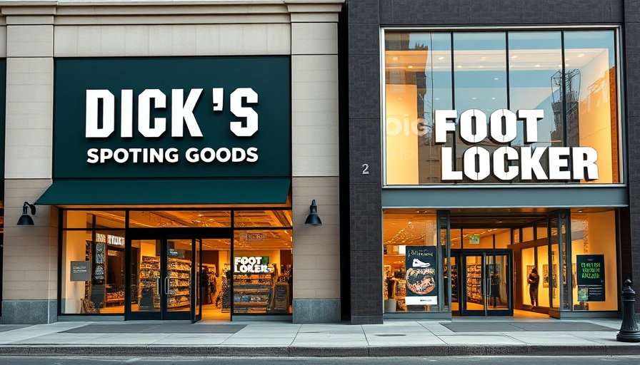 Exterior view of Dick's Sporting Goods and Foot Locker stores, representing potential merger.