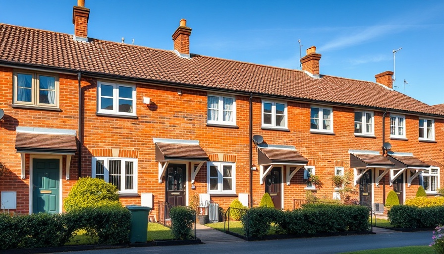 Traditional British row of brick townhouses with tidy gardens, blue sky.