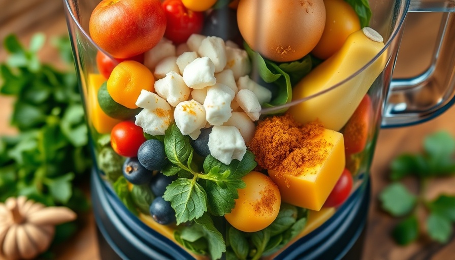 Colorful morning smoothie ingredients with turmeric in blender.