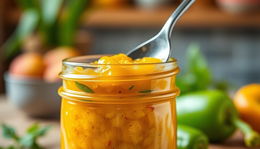 Vibrant peach jalapeno chutney in a glass jar with spoon.