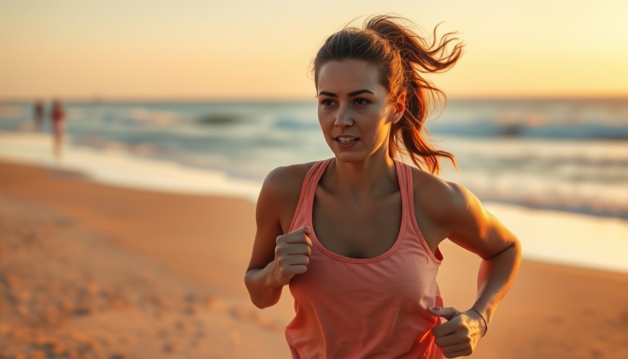 Young woman jogging on beach during sunrise for Japanese walking routine.