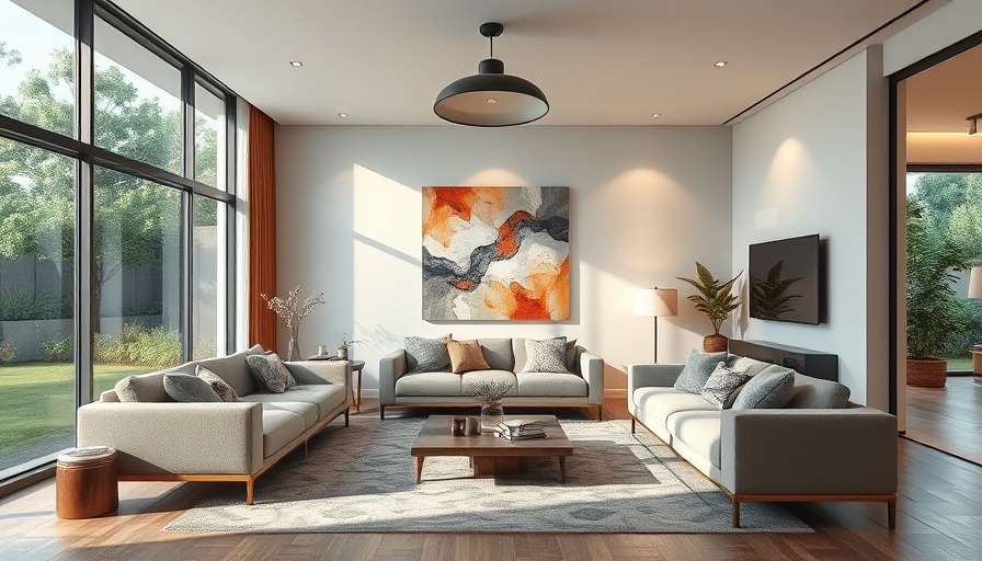 Modern living room with abstract art and garden view.