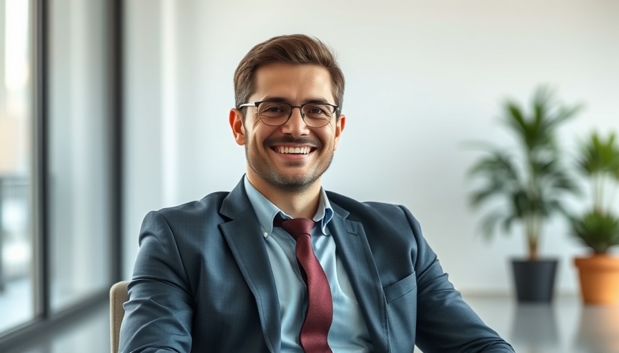 Professional man in business attire, smiling in office.