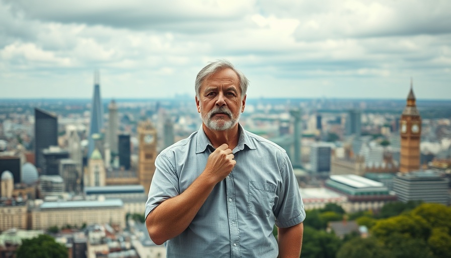 Concerned man discussing economic issues with London skyline.