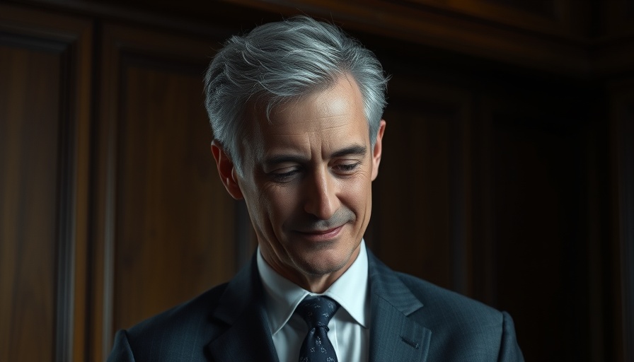 Smiling speaker addressing audience, subtle lighting, formal event.