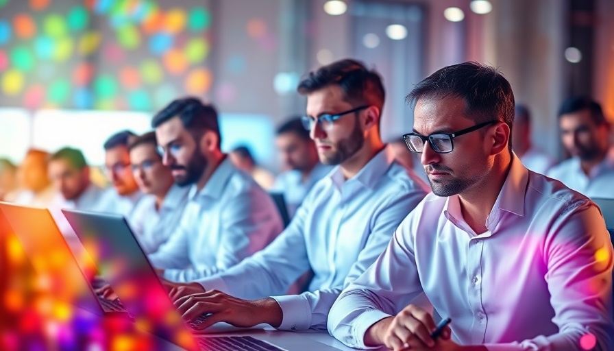 Multiple businessmen using laptops in a colorful digital collage, highlighting technology's role in small business.