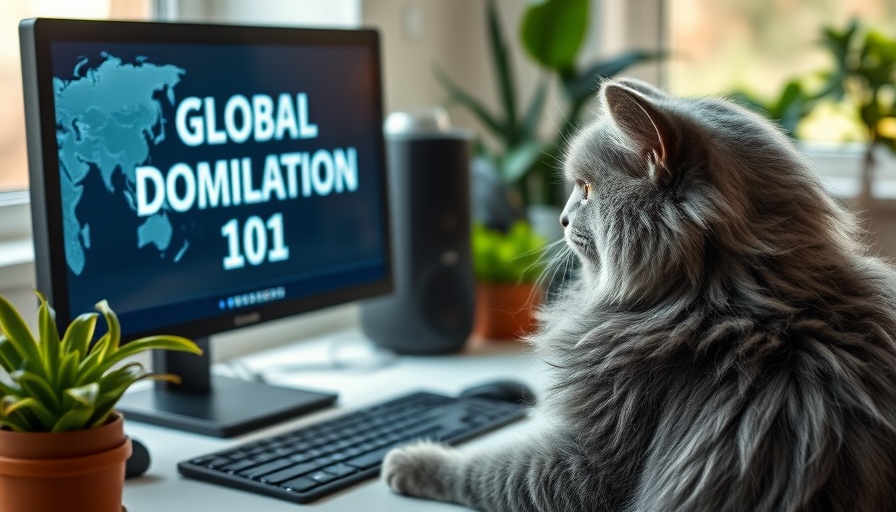 Cat watching video on global domination, highlighting AI video creation tools.